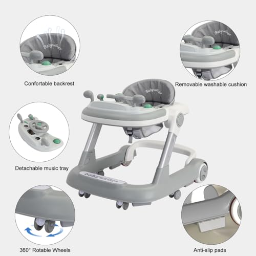 UBRAVOO 2 in 1 Baby Walker, Toddler Baby Push Walker with Removable Feeding Tray and Music Tray(Without Battery), Foldable Activity Walker for 6-18 Months Boys and Girls-Grey - Image 6