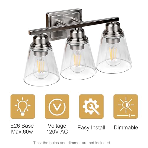 Image of Brushed Nickel 3 Light Bathroom Vanity Light Set,5 Piece Brushed Nickel Bathroom Light Accessories Set,Brushed Nickle 3 Light Bathroom Vanity Fixture with Hardware Set