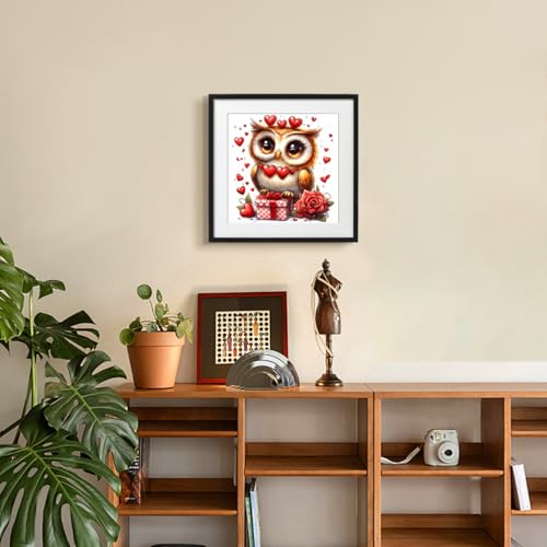 Image of Zhenqing Valentine's Day Cross Stitch Kit for Adults - Stamped Red Heart Rose & Owl Floral Embroidery | 11CT 7.87 inchx7.87 inch DIY Craft with Thread, Fabric | Gift for Couples 68782