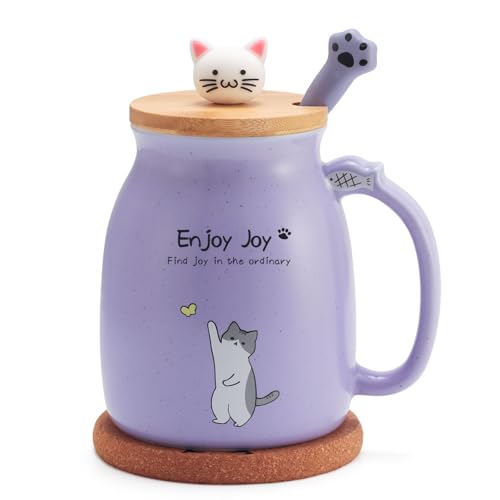 Taza de cerámica con tapa de gato kawaii y cuchara 16oz