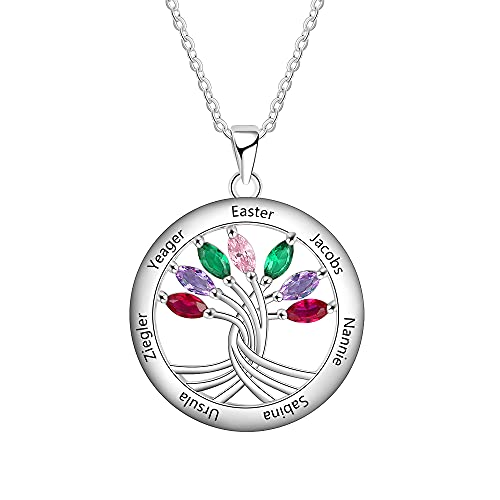 Collier arbre généalogique en argent 925 avec 7 pierres de naissance et gravure de prénom