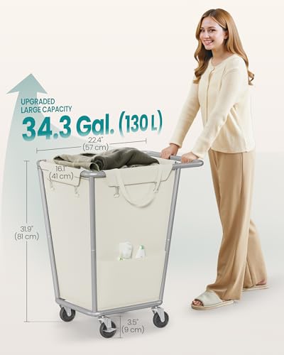 SONGMICS Wäschekorb mit Rollen, Rollwäschekorb 130 Liter mit herausnehmbarem Beutel, stabiler Stahlrahmen, cremeweiß URLS008W01 – Ansicht 6