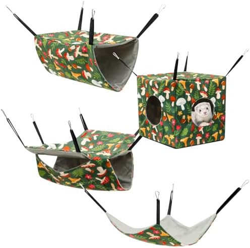 Juego de 4 hamacas para hámster, cama colgante para ratas, lavables, cobayas, camas, hurones suaves, para chinchilla, azucarera, ardilla (hongo verde)