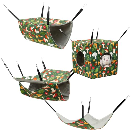 RHAIQBVC 4Pcs Hamster Hammock Set Rat Hanging Bed House Washable Guinea Pig Hideout Bed Soft Ferret Hanging Nest for Chinchilla Sugar Glider Squirrel(Green Mushroom)