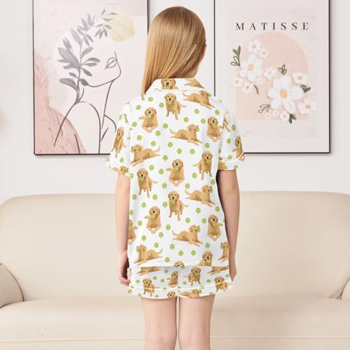 Golden Retriever Tennis Ball Pattern Summer Satin Pajama Set, Cute Button-Down Sleepwear Pj Set for Sleep Wears4