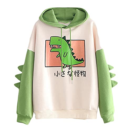 Aniywn Women s Teen Girls Cute Dinosaur Long Sleeve Hoodies Loose Fit Funny Print Pullover Jumper Sweatshirt Tops Shirt Green