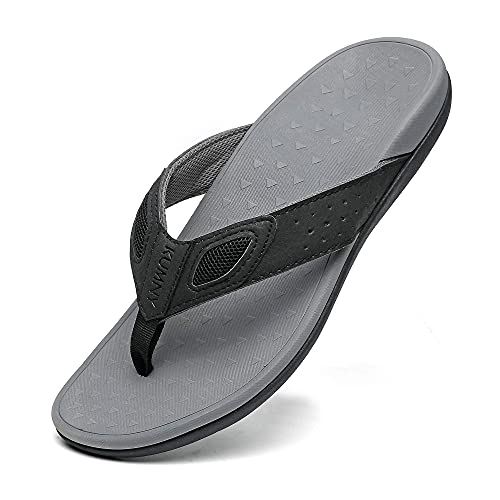 Sandals for Men Toe Post Leather Flip Flops Arch Support Outdoor Walking Summer Beach Slippers Black Grey Size 9
