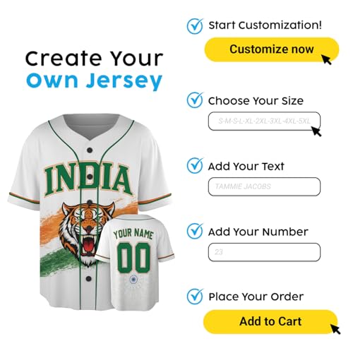 Custom India Baseball Jersey - Personalized Indian Pride Sport Shirts with Name Number, Softball Uniform Gifts Men Women miniatura 7