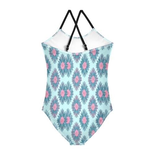 Pink Blue Floral Girl Bathing Suit with Adjustable Shoulder Strap, Beach Bathing Suit, 3-102