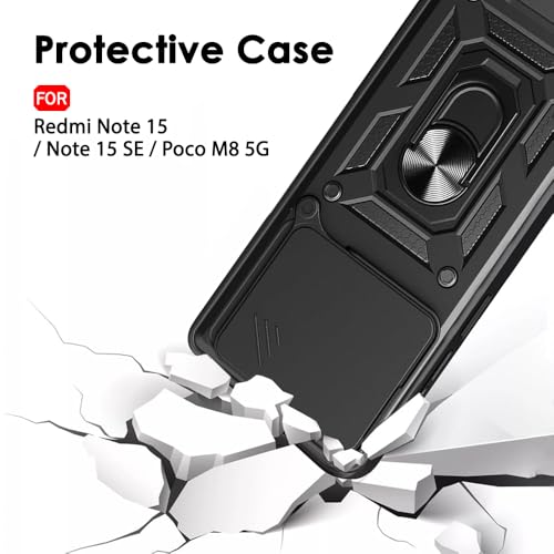 Image of TheGiftKart Tough Armor Bumper Back Cover Case for Mi Redmi Note 15 / Note 15 SE /Poco M8 5G | Rotating Camera Cover, Kickstand & Ring Holder | 360 Degree Protection Back Cover Case (PC & TPU, Black)