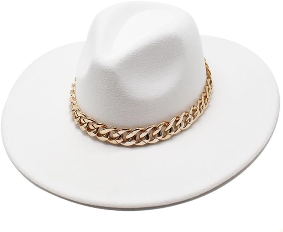 Western Style Fedora Hat, Black with Gold Chain Band, Wide Brim