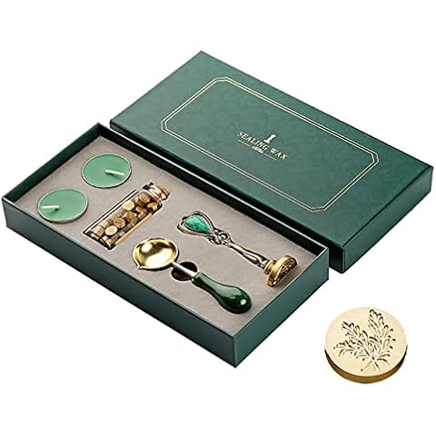 GraceMoment Wax Stamp Seals Kit with Lucky Tree Design, Spoon, Bottled wax pellets, handle ¬Gift Box for Decoration of Envelopes Invitations Postcard Stamps Invitation Letters Gifts, Clear, Green Cover