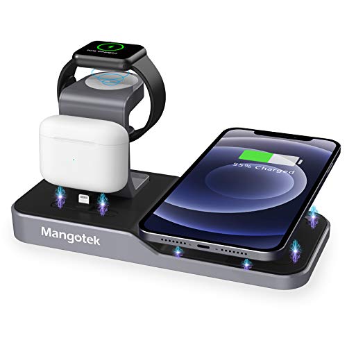 Mangotek Apple Watch Stand Desk Wireless Charger for iPhone and iWatch 4 in 1 Charging Station with Lightning Connector and USB Port for iPhone 12 Mini 12 Pro Max/11 and iWatch Serie SE/6/5/4/3/2/1