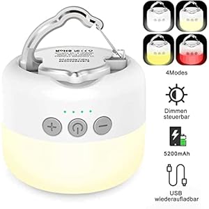 Campinglampe, LED Camping Laterne USB Aufladbar mit 5200 mAh, 4 Helligkeiten Leuchtmodi & Stufenlos Dimmbar…