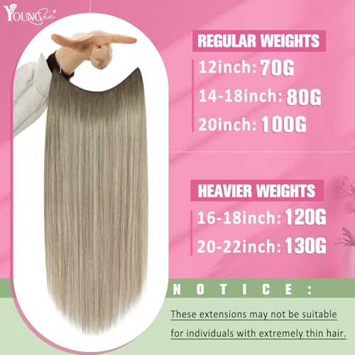 Image of YoungSee 140G Wire Hair Extensions Ombre Blonde Invisible Wire Human Hair Extensions Ash Blonde to Platinum Human Hair Fish Line Extensions Long Straight Hair 24Inch
