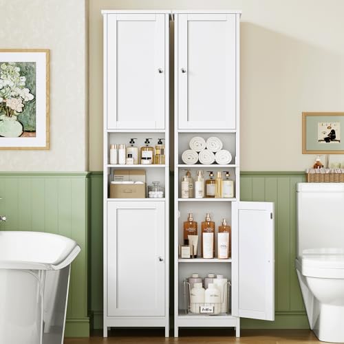 Image of TEENFON 67 inch Tall Bathroom Cabinet with Adjustable Shelves and Doors, Narrow Bathroom Storage Cabinet for Small Space, Living Room, Entryway, Kitchen, White