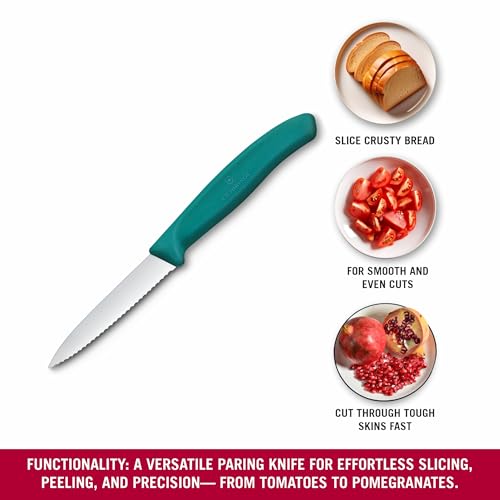 Image of Victorinox Swiss Made, Stainless Steel Swiss Classic Paring Knife, 8 cm, Wavy Edge with Pointed Tip, Professional and Household Use, Kitchen Tools & Items, Green, 6.7634.C1 | Multipurpose Knife