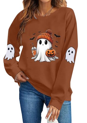 UXQIEN Spooky Season Sweatshirts Women Halloween Ghost Graphic Pumpkin Thanksgiving Fall Party Long Sleeve Tops Shirts, Brown, XL