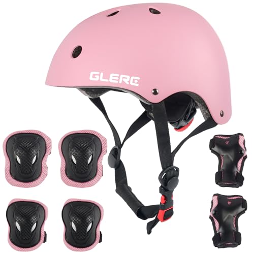 Glerc Kids Helmet Protective Gear Set, Knee Elbow Wrist Pads for Over 8 Years Old Boys Girls, Adjustable Skateboard Helmet Multi-Sportsfor Skateboard Roller Cycling Skating, Size M,Pink