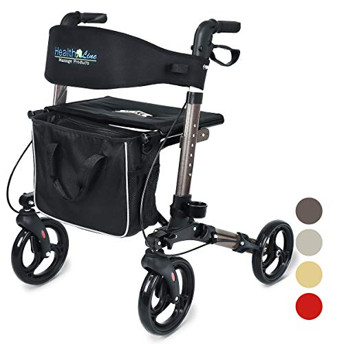 Health Line Massage Products Compact Rollator for Seniors, Euro Style Folding Walker with Seat and Backrest, 8 inch Wheels, 3 Colors Available (Titanium)