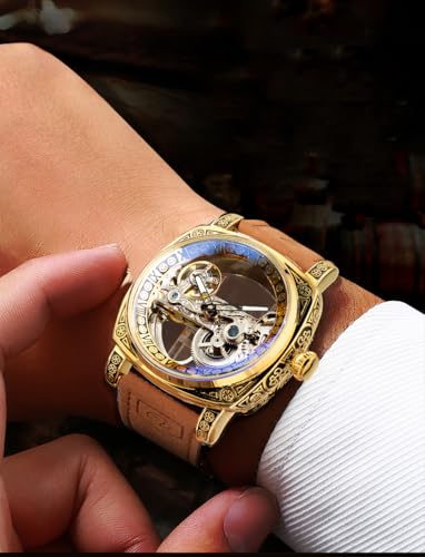Image of FORSINING Men's Luxury Square Carving Mechanical Watch, Retro Totem Double Sided Hollow Skeleton Self-Wind Automatic Watches, Vintage Leather Strap Wristwatch Reloj para Hombre