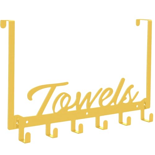 Azmoncy Over The Door Hooks, Towel Hook Towel Rack for Bathroom Towel Holder for Hanging Heavy Duty, Wall Mount Towel Hanger with 6 Hooks for Bedroom Bathroom Kitchen Towels, Bag, Coats, Hats(Gold)