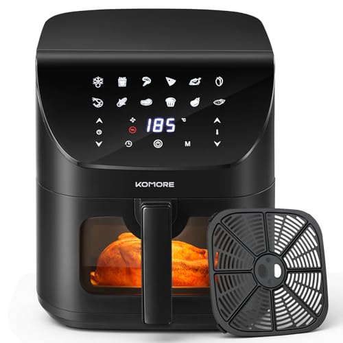 KOMORE Digital Air Fryer with Visual Window 8L, 1700W, 12 in 1 Compact Airfryers with Touchscreen, RapidAir Technology for Extra Crisp, 60mins Timing, Nonstick & Dishwasher Safe, Oil-Free, Black