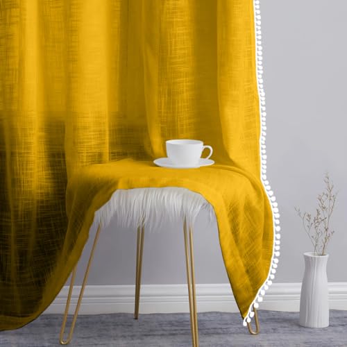 Image of THE LINEN COMPANY Cotton Linen Solid Eyelet Curtain for Window, Mustard, Linen Texture Fabric, Light Filtering Curtain Panel for Living Room & Bedroom, Window Curtain 4 Feet