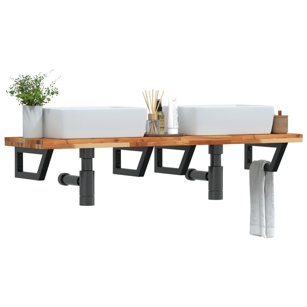 Wandmontage Waschbeckenregal aus Stahl und massivem Akazienholz Schweberegal 120 x 40 cm für Waschplatz Bad Stauraum Konsole Wandhalterung