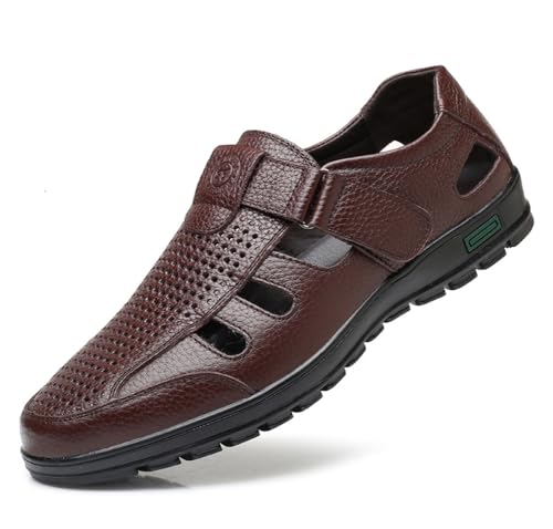 Men's Breathable Genuine Leather Sandal Perforated Casual Walking Driving Flats Shoes for Summer