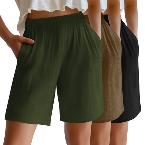 Riyiper 3 Pack Women's Linen Shorts Elastic High Waist...