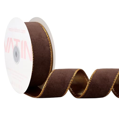 VATIN Brown Velvet Wired Ribbon 1.5 Metallic Brown Velvet Christmas Ribbon for Floral Arrangements Wrapping Gifts Stylish Decor Creation -Continuous 5 Yards