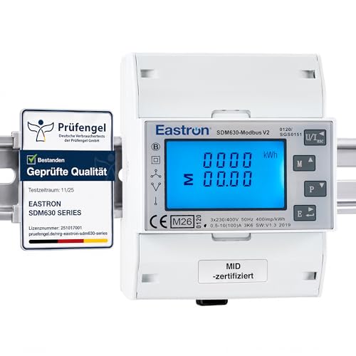 EASTRON SDM630 MODBUS-MID V2 Stromverbrauchsmesser - 1/3 Phasen Stromzähler Hutschiene - Strommessgerät - Drehstromzähler - Modbus RS485 RTU 100A kWh Impulszähler & beleuchtetes LCD-Display