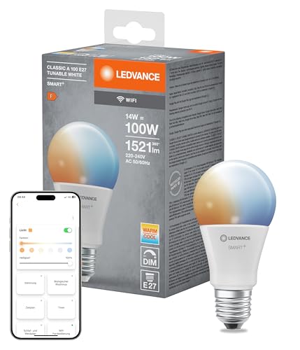LEDVANCE Smarte LED-Lampe mit WiFi Technologie, Sockel E27, Dimmbar, Lichtfarbe änderbar (2700-6500K), ersetzt Glühlampen mit 100 W, SMART+ WiFi Classic Tunable White, 1er-Pack