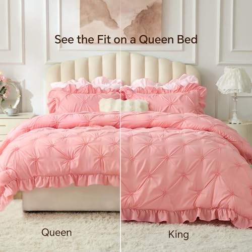 Image of BEDELITE King Comforter Set Ruffle-Pink,Lightweight & Soft Comforter | Pintuck Boho Bedding, Warm & Cute Bed Set for All Season,With 2 Pillowcases