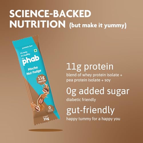 Phab Protein Bars Mini with 11g Protein, No Preservatives, No Artificial Sweeteners, Zero Trans Fats, Goodness of Honey | Pack of 6 x 35g Bars | Mocha Nut Fudge