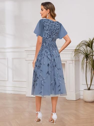 Tea Length Sequin Mother of The Bride Dresses for Women 2025 Short Sleeves A-Line Formal Evening Dress2