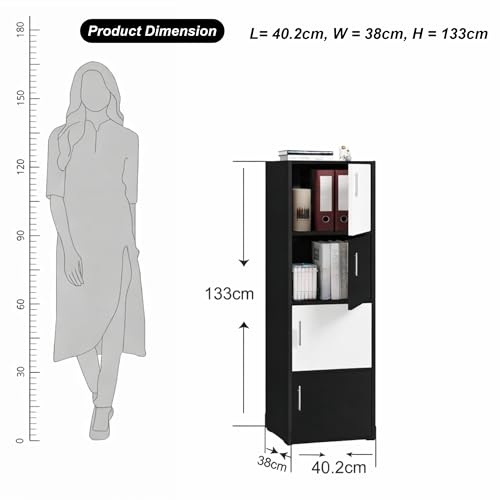 Image of Callas Wooden Book Rack | Multi-Compartment Storage Cabinet | Space-Saving Vertical Bookshelf with Doors | Durable & Sturdy Organizer for Home & Office (Black, 4 Tier)