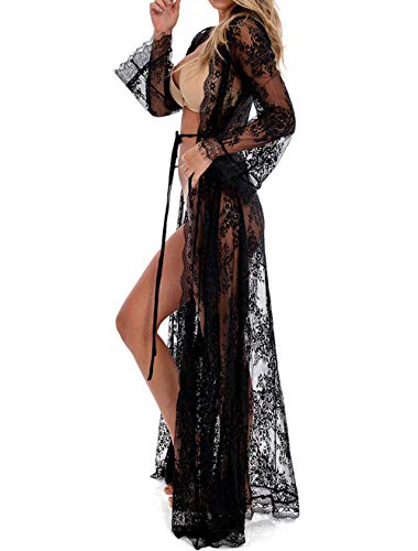 Buttzo Women Sexy Long Lace Dress Sheer Gown See Through Lingerie Kimono Robe thumb #1