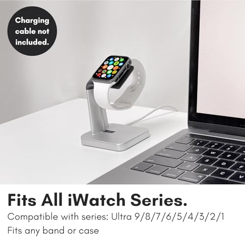 Macally Apple Watch Stand for Series Ultra 10 9 8 7 6 5 4 3 2 1 SE (49mm 45mm 44mm 42mm 41mm 40mm 38mm) - Apple Watch Charger Stand Dock Holder - Sleek Desk iWatch Charging Station - Silver