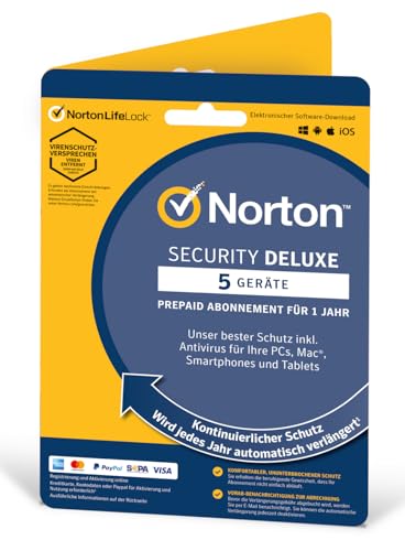 Norton Security Deluxe 5 Geräte / 1 Jahr - 2023 / 2024 - Product Key Card - Inklusive Antiviren Software - für Windows, Mac, Android, iOS - Ohne ABO