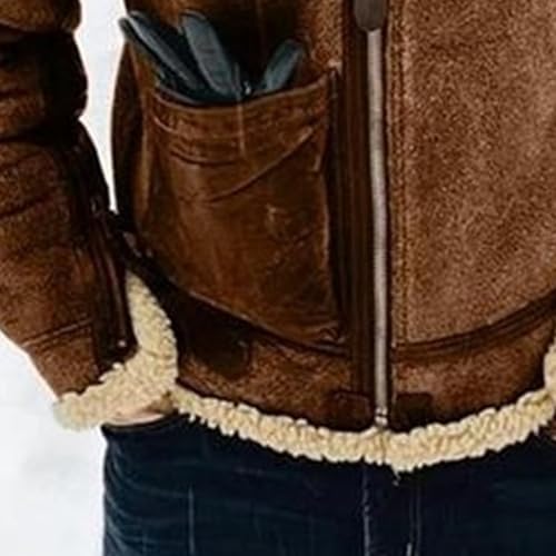 Men Big Lapel Faux Fur Coat Vintage Zip up Padded Jacket with Pocket Winter Solid Warm Cozy Overcoat4