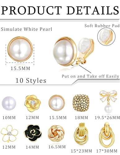 10 Pairs Clip on Earrings for Women Non Pierced CZ Rose Flower Bowtie Heart Twist Knot Pearl Dangle Clip on Stud Earring Set Gold Tone2
