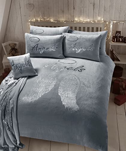 Image of Goldstar Angel Wings Teddy Duvet Cover Soft Shiny Quilt Set Warm Cosy Snug Bedding Set, Single, Grey