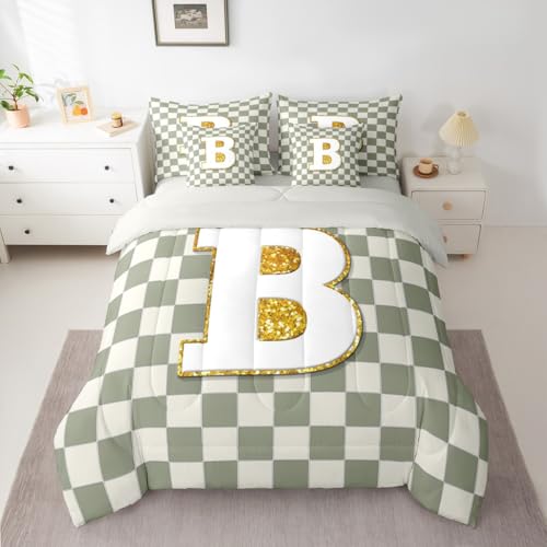Image of Erosebridal Sage Green Checkered Queen Bed in A Bag 7 Piece Plaid Initial B Comforter Set with Sheets Personalized Monogram Bedding Sets for Kids Adults,Fashion Grids Gingham Bed Set