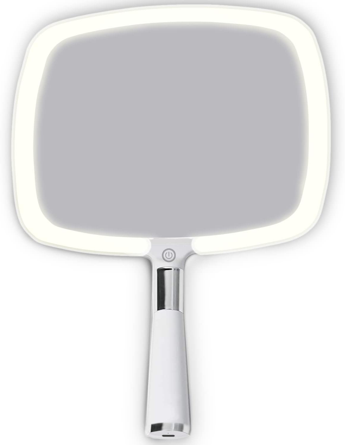 Lighted Travel Hand Mirror with Comfy Handle and Detachable Stand - Portable, Thin and Lightweight Design - Rechargeable with 3 LED Light Settings - 9" x 13" (White)