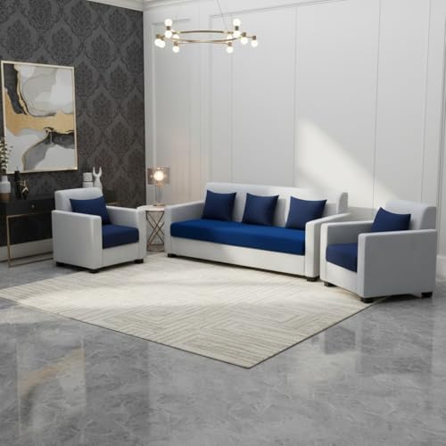 Image of FURNY Lexon 5 Seater Fabric 3+1+1 Sofa Set (Dark Blue-Light Grey) Premium Velvet Finish | Durable & Comfortable | Ideal for Living Room