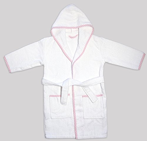 Maura Prince George Style Kids Bathrobe. Luxury Kids Hooded Bathrobe White And Pink Checkered Binding For Toddlers Turkish Terry Bath Towel Cute And Cuddly. Super Soft And Absorbent. #TOP4