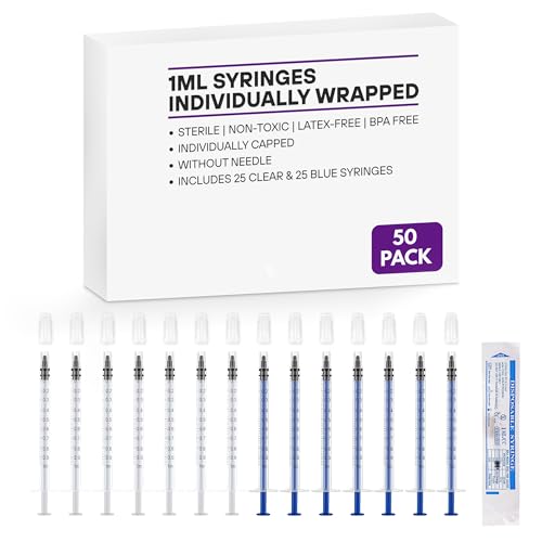 50Pcs 1ml Colostrum Syringe With Caps | No Needle | Refilling and Measuring Liquids Colostrum Harvesting Scientific Labs Plant Watering Pet Feeding | 25 Blue & 25 Clear Individually Wrapped