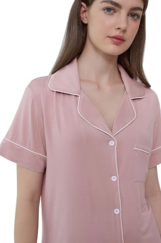 Image of Cherrydew Women Bamboo Viscose Super Soft Comfy Summer Cooling Short Sleeve Button Down Pajama Shorts Set S-XXL